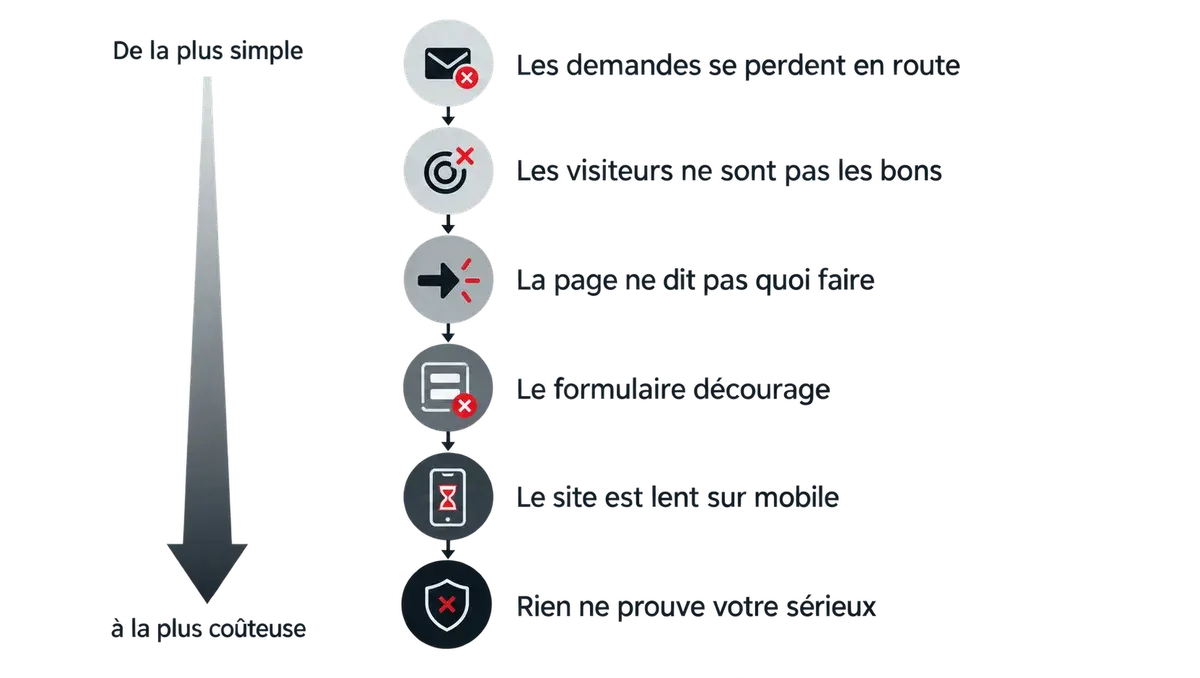 Six causes d’un site sans contacts, classées de la plus simple à la plus coûteuse