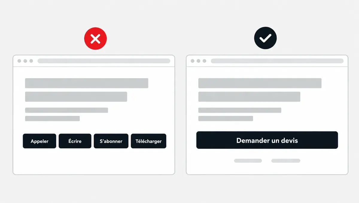 Premier écran à quatre boutons concurrents, à éviter, contre un seul bouton « Demander un devis »