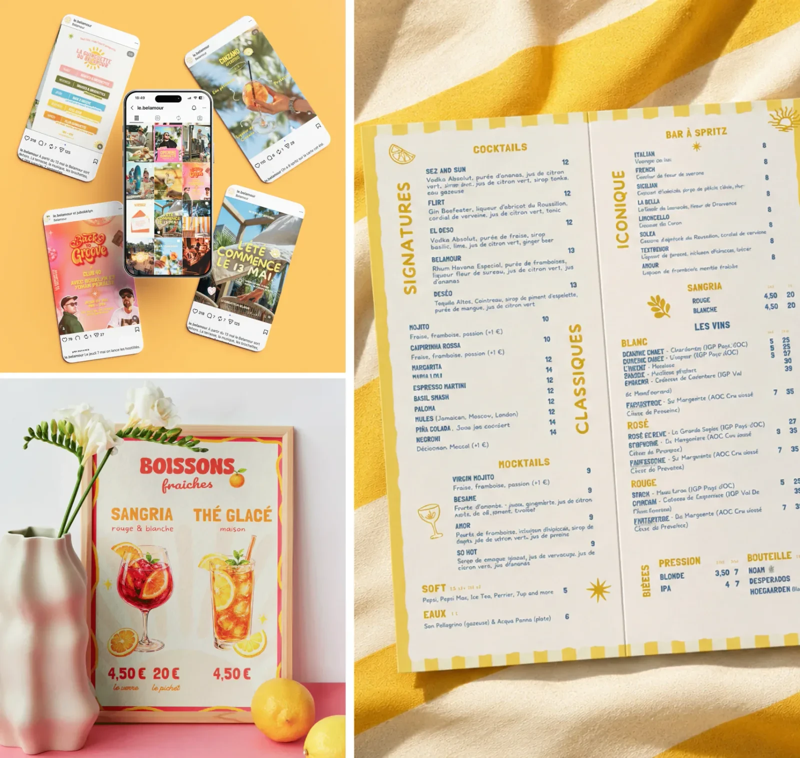Guinguette du Belamour : publications pour les réseaux, carte des boissons encadrée et menu des cocktails imprimé