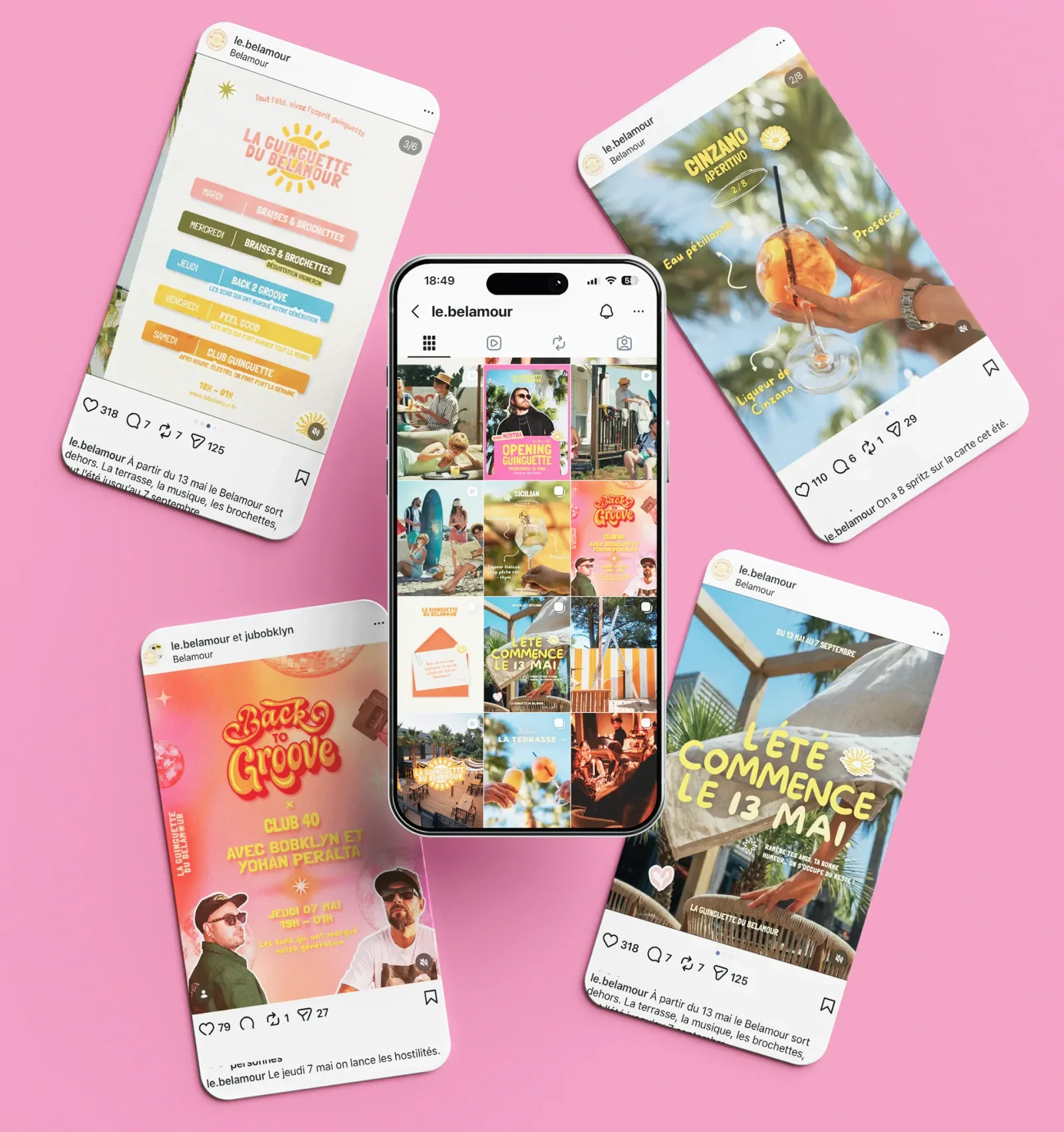 La Guinguette du Belamour : le fil Instagram et des stories sur fond rose, dont « L’été commence le 13 mai »