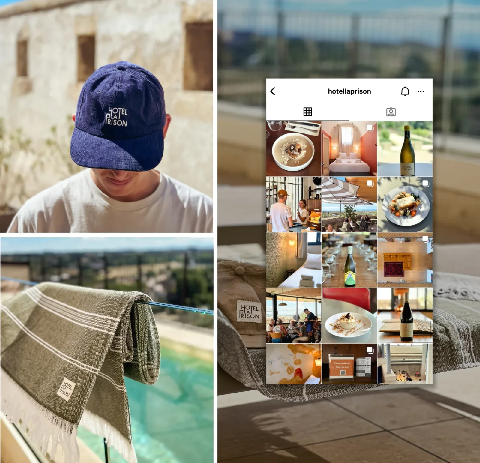 Hôtel La Prison : une casquette et une fouta brodées du logo, à côté du fil Instagram de l’hôtel