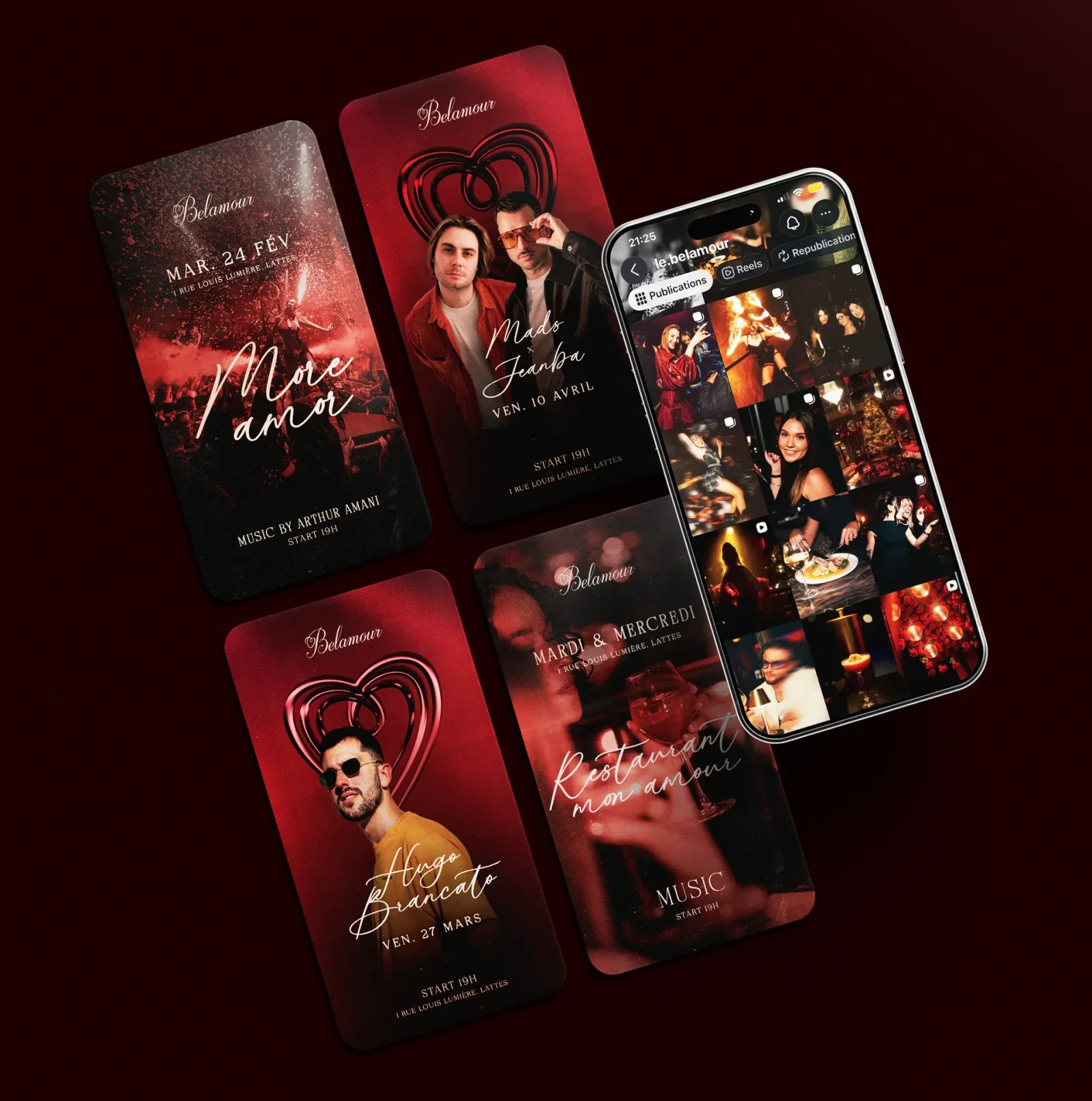 Le Belamour : visuels de soirées rouge et noir, cœurs dessinés, et le fil Instagram sur un téléphone