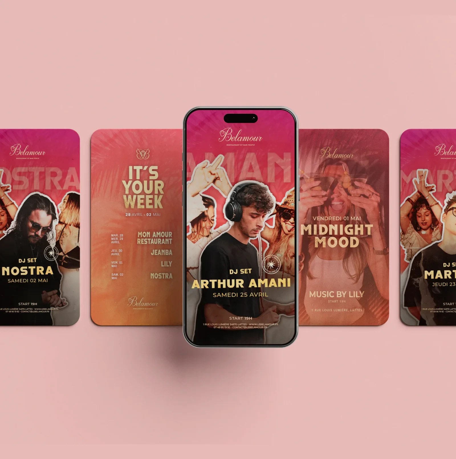 Le Belamour : stories de programmation des DJ en rose et orangé, de part et d’autre d’un téléphone