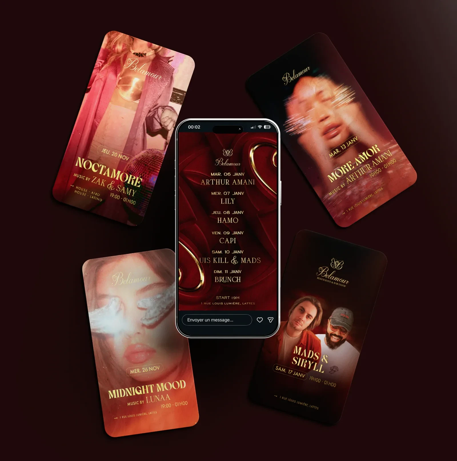 Le Belamour : affiches de soirées et programme de la semaine sur l’écran d’un téléphone