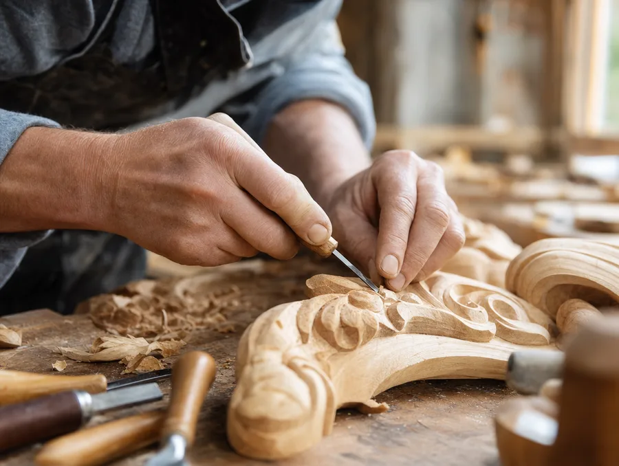 Mains d’artisan travaillant le bois dans un atelier