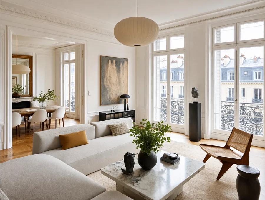 Salon lumineux d’un appartement moderne à vendre