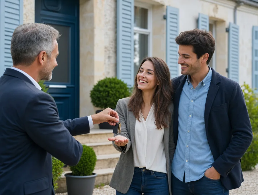 Agent immobilier remettant les clés à un couple