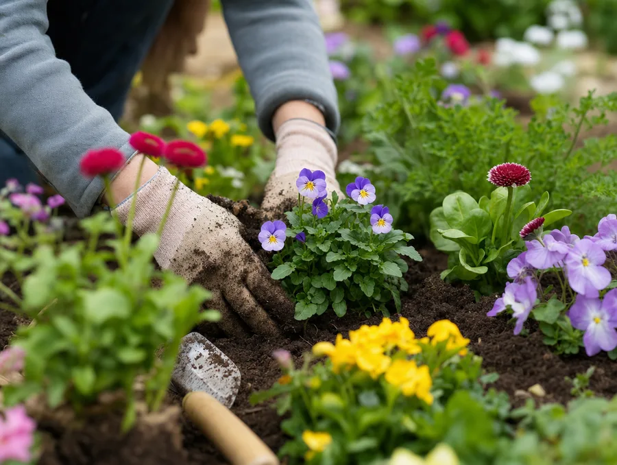 Mains plantant des fleurs colorées dans un jardin