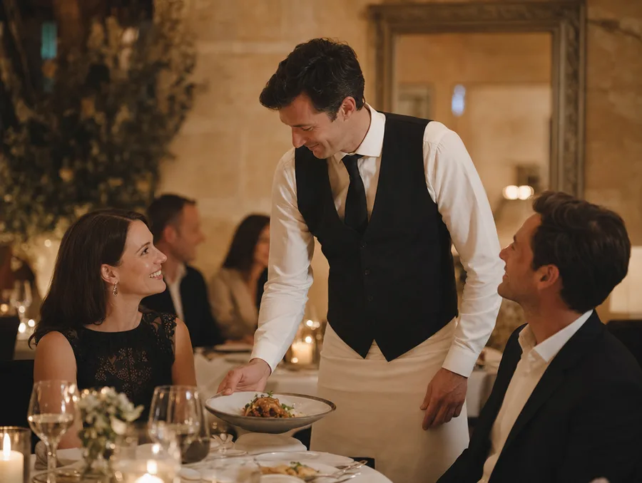 Serveur servant des clients dans un restaurant chaleureux