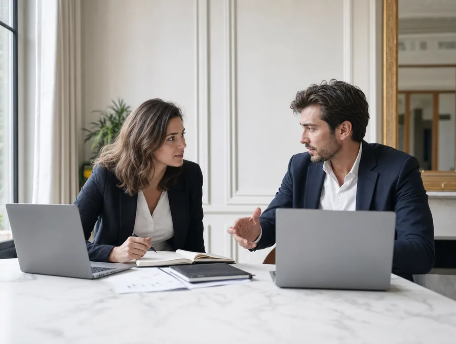 Deux spécialistes marketing discutant stratégie au bureau