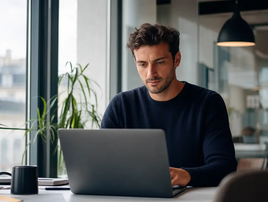 Marketeur analysant les performances sur un ordinateur portable