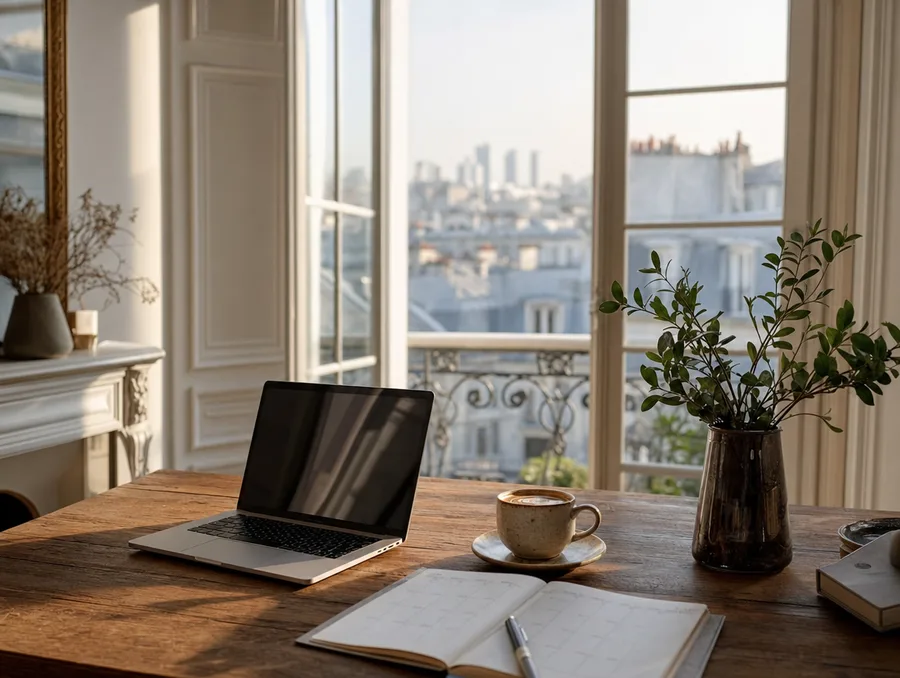 Espace de travail moderne avec ordinateur, agenda et café