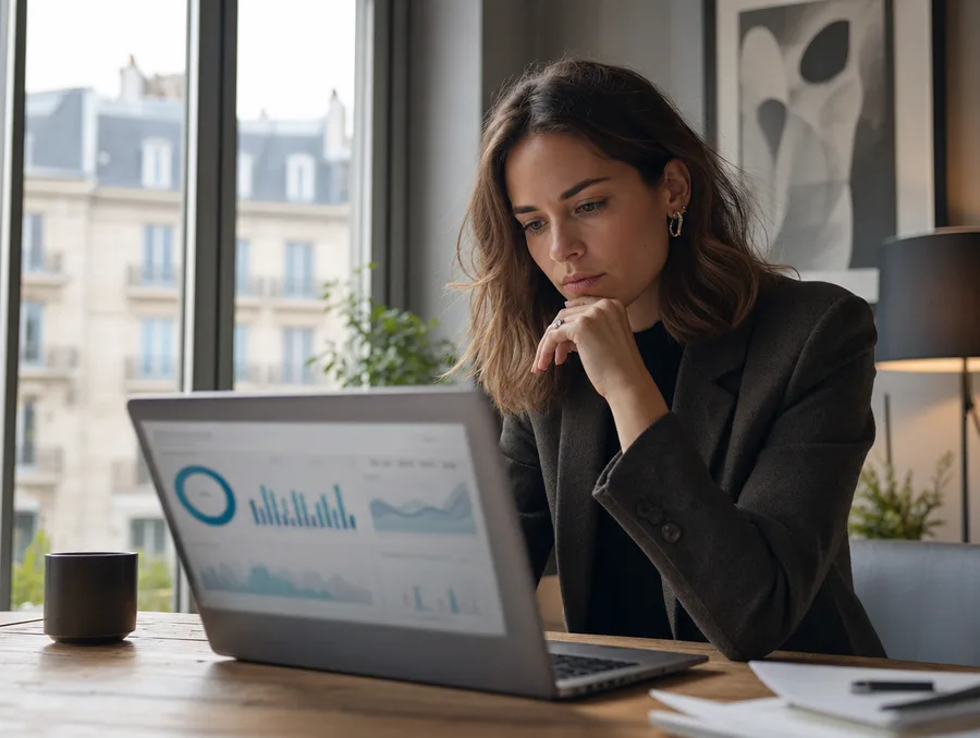 Marketeur analysant la progression SEO sur un ordinateur