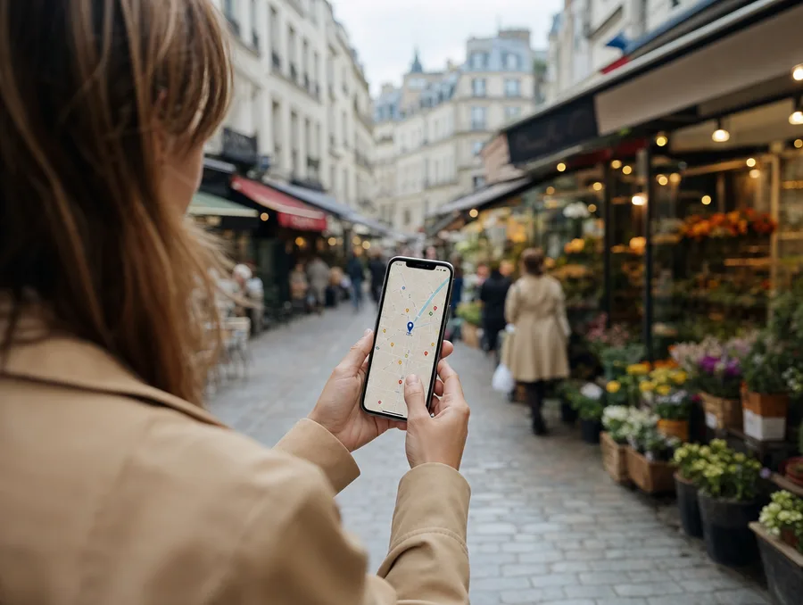 Recherche d’un commerce local sur un smartphone dans une rue