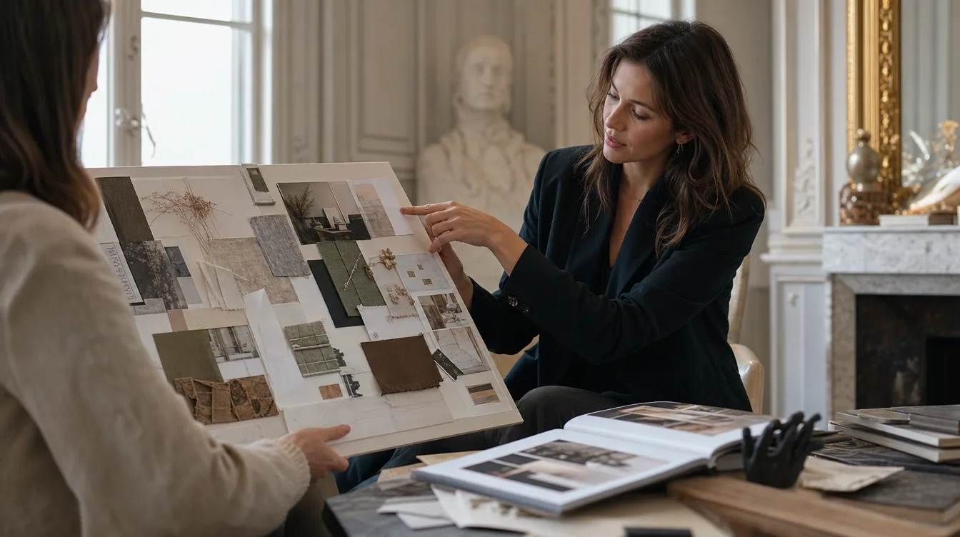 Architecte d’intérieur présentant une planche d’ambiance à un client à Montpellier