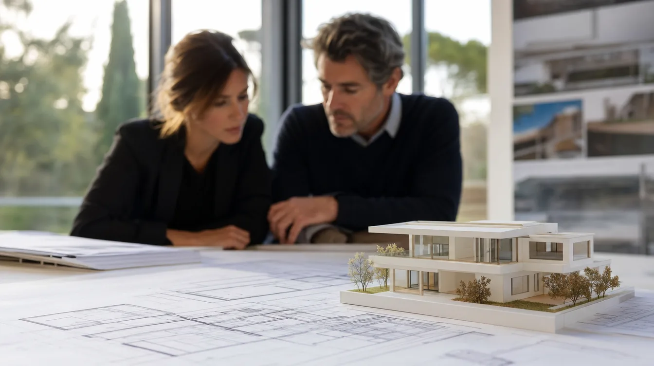 Maquette et plans d’un projet d’architecture contemporaine