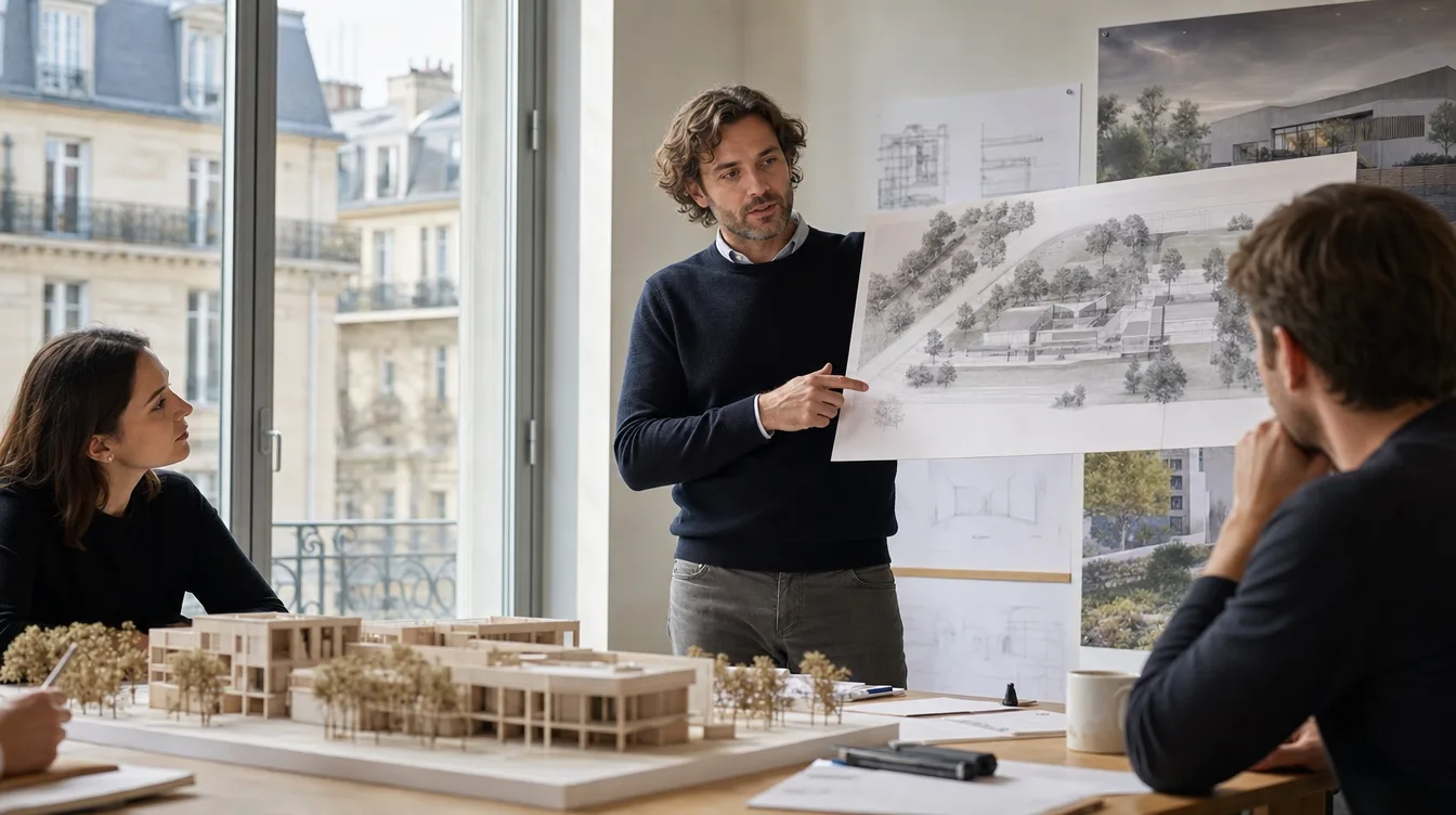 Architecte présentant les plans d’un projet dans son agence à Montpellier