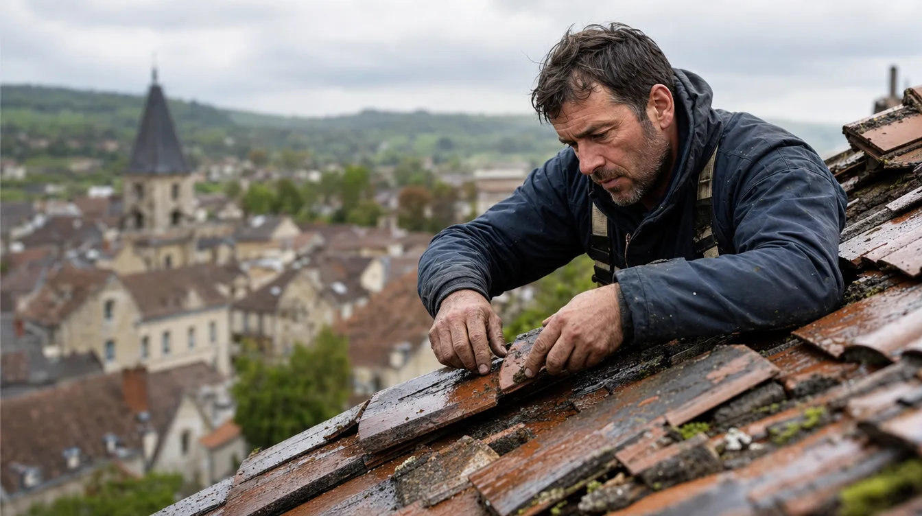 Couvreur réparant une toiture après une intempérie