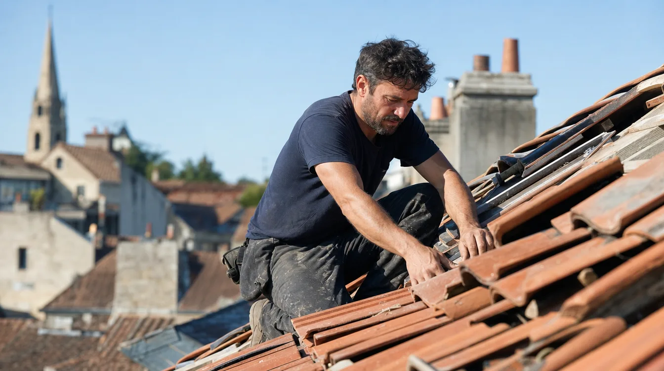 Couvreur travaillant sur une toiture en tuiles à Montpellier