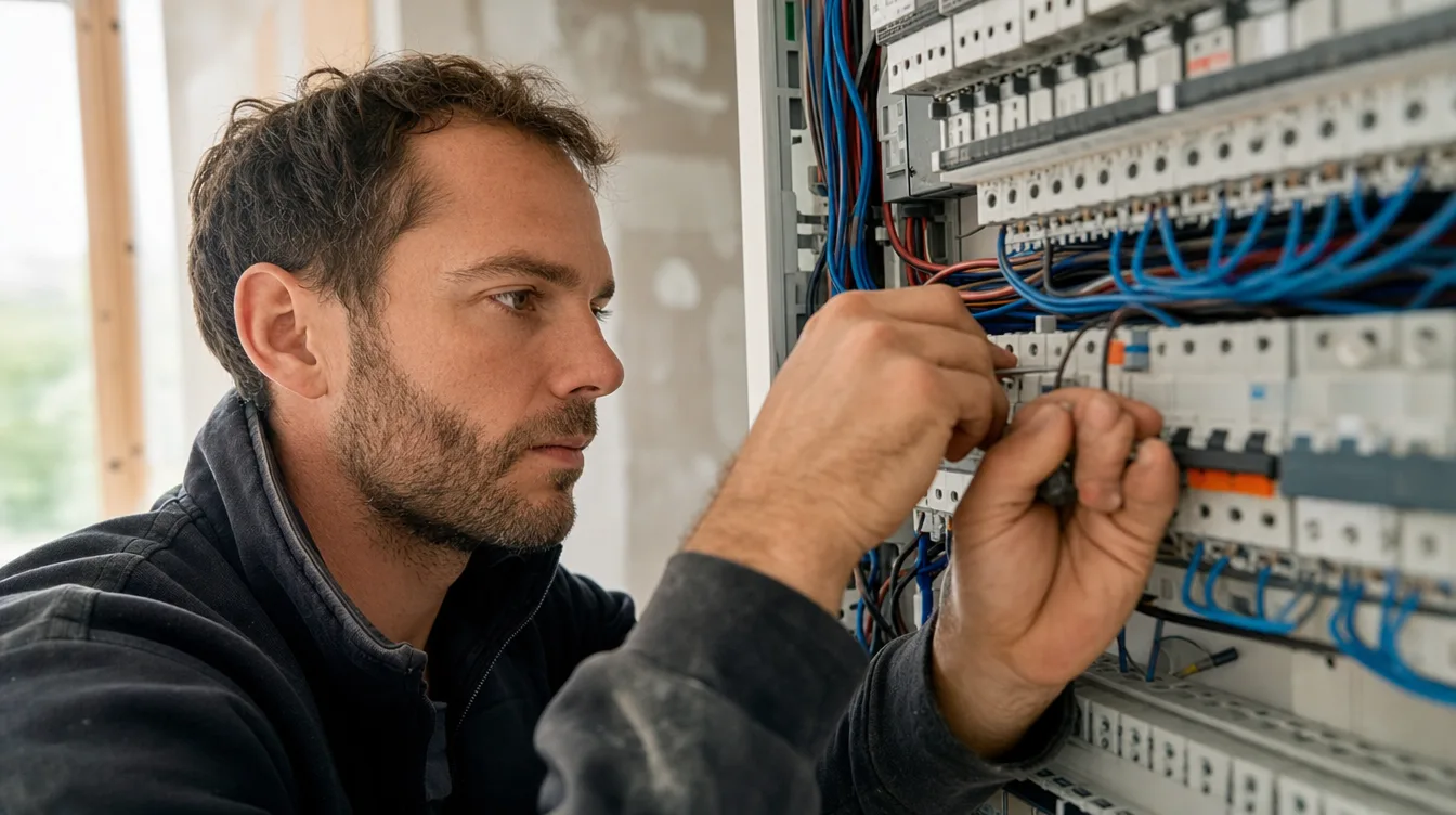 Électricien câblant un tableau électrique aux normes