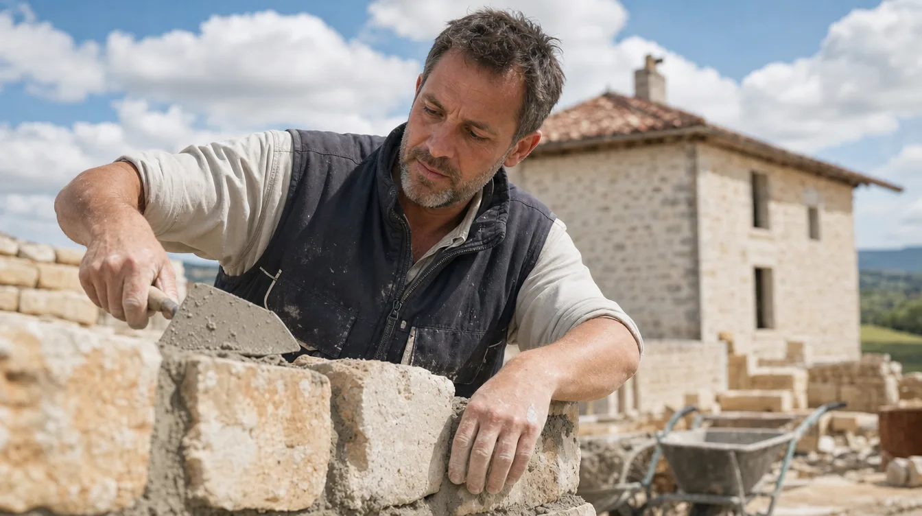 Maçon montant un mur en parpaings sur un chantier à Montpellier