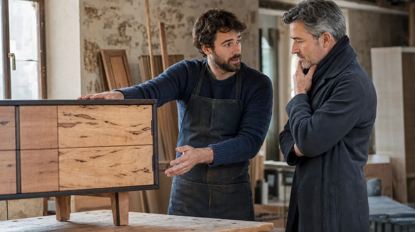 Menuisier présentant un projet sur-mesure à un client