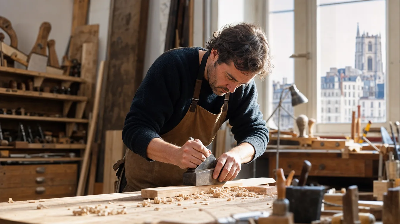 Menuisier façonnant une pièce de bois dans son atelier à Montpellier