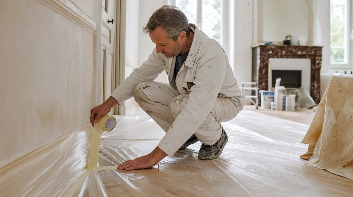 Peintre préparant et protégeant une pièce avant travaux