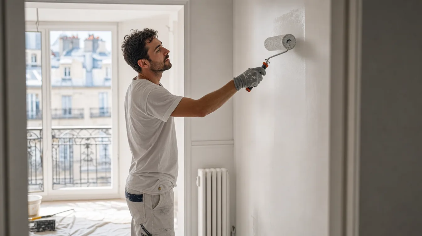 Peintre en bâtiment appliquant une peinture murale dans un appartement à Montpellier
